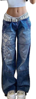 Low Rise Heart Pattern Baggy Jeans Washed Wide Leg Denim Cargo Pants