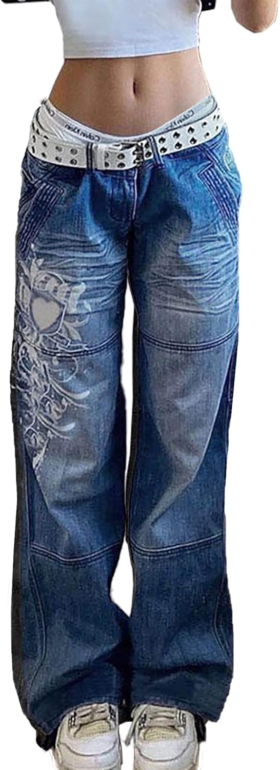 Xineicy Women's Low Rise Heart Pattern Baggy Jeans for Style