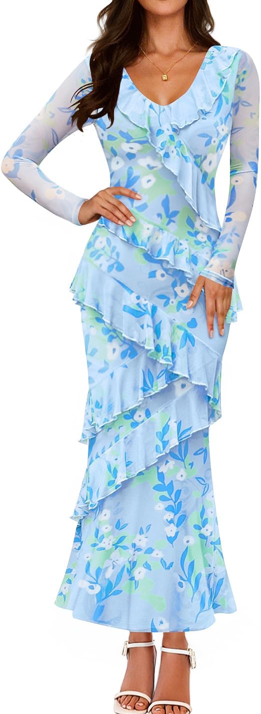 ZESICA Women's Floral Long Sleeve Maxi Dress for Fall Events