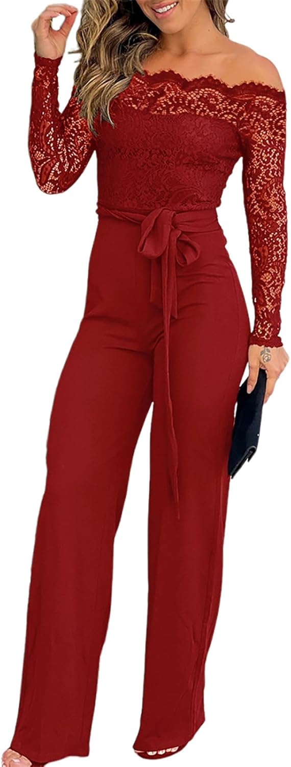 Chic Off-Shoulder Jumpsuit for Women with Lace Trim Elegance