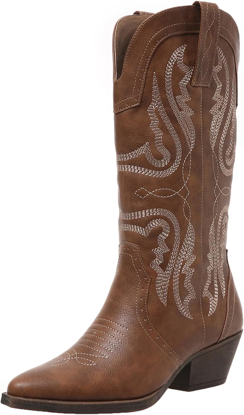 Cowboy Boots for Women Mid Calf Chunky Block Heel Stylish Design