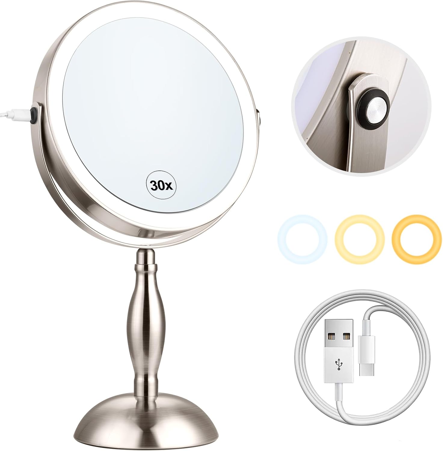 30X Lighted Makeup Mirror with Adjustable Brightness and Colors