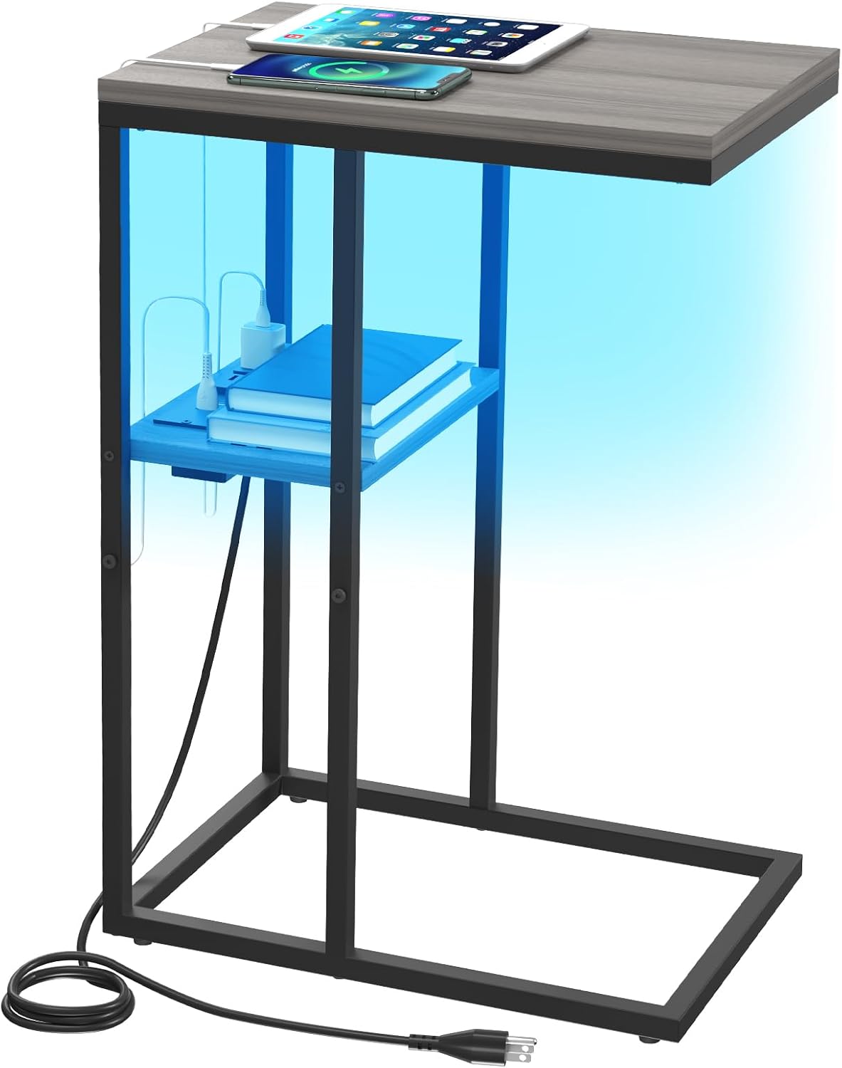 Yoobure LED C Shaped End Table with Charging Station for Small Spaces