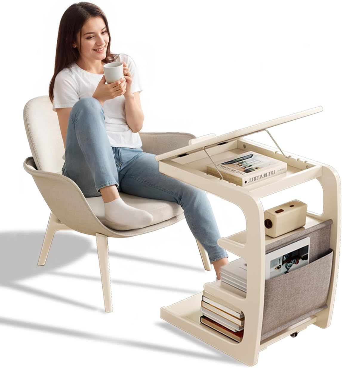 Wooden C-Shaped End Table with Lockable Wheels for Small Spaces