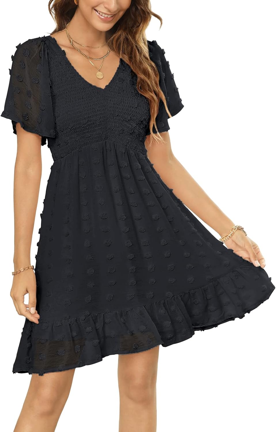 Zattcas Womens Summer Smocked Dress with Flutter Sleeves