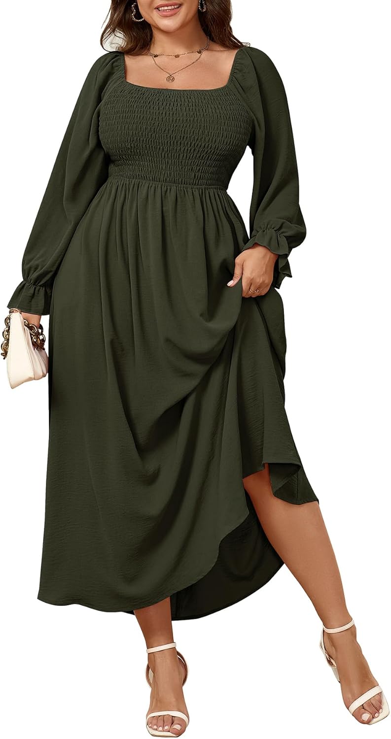 Women's Plus Size Maxi Dress Long Sleeve Square Neck Smocked