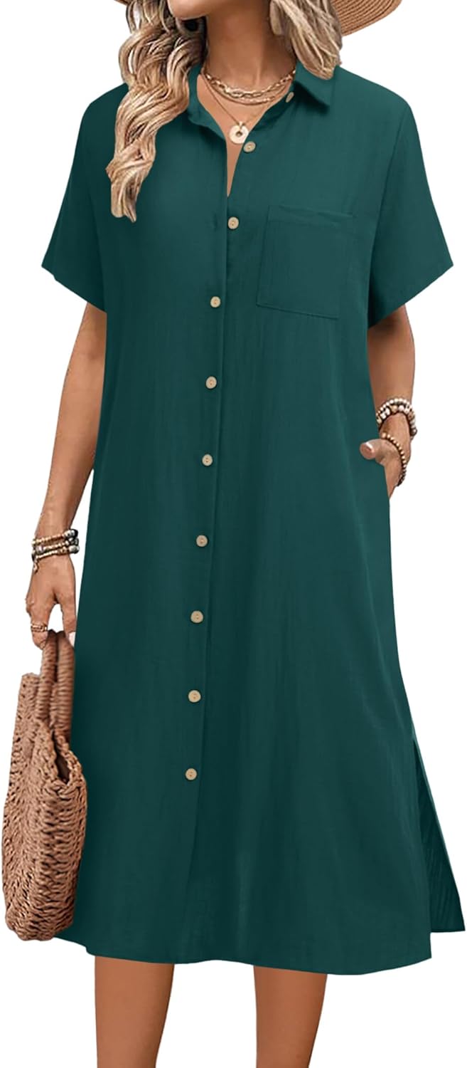 HOTOUCH Womens Summer Dress Casual Midi Short Sleeve Shirt