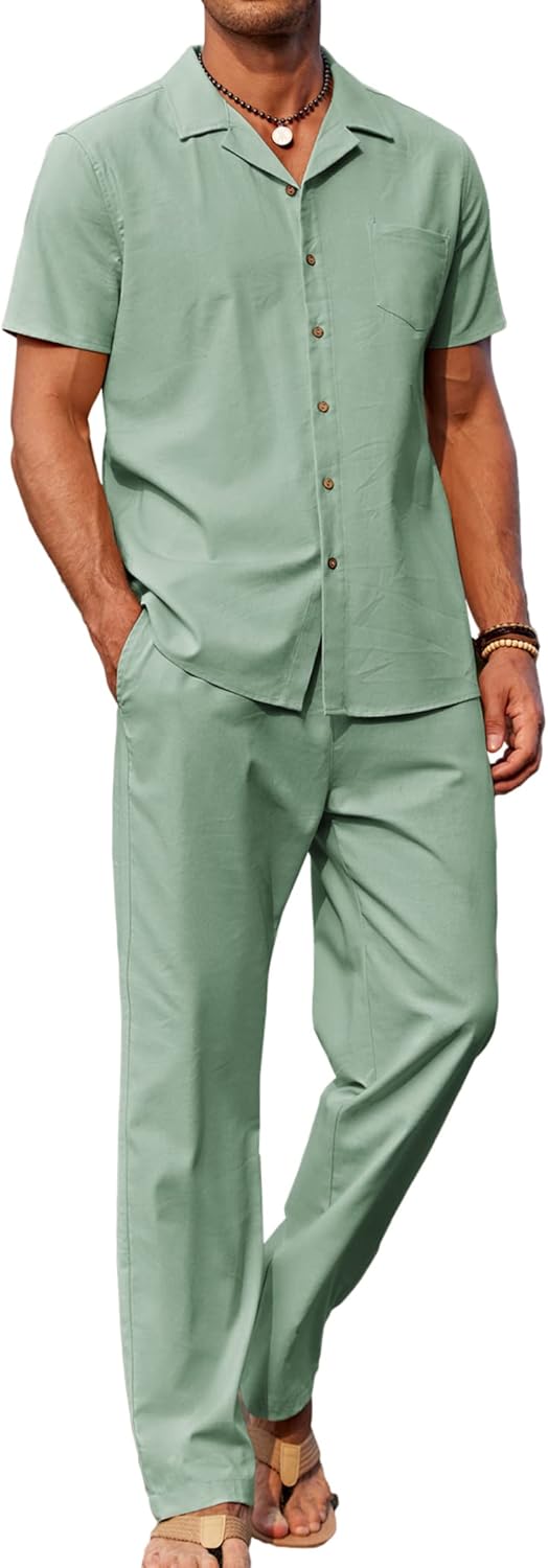 COOFANDY Men 2 Piece Linen Outfit for Beach and Casual Wear