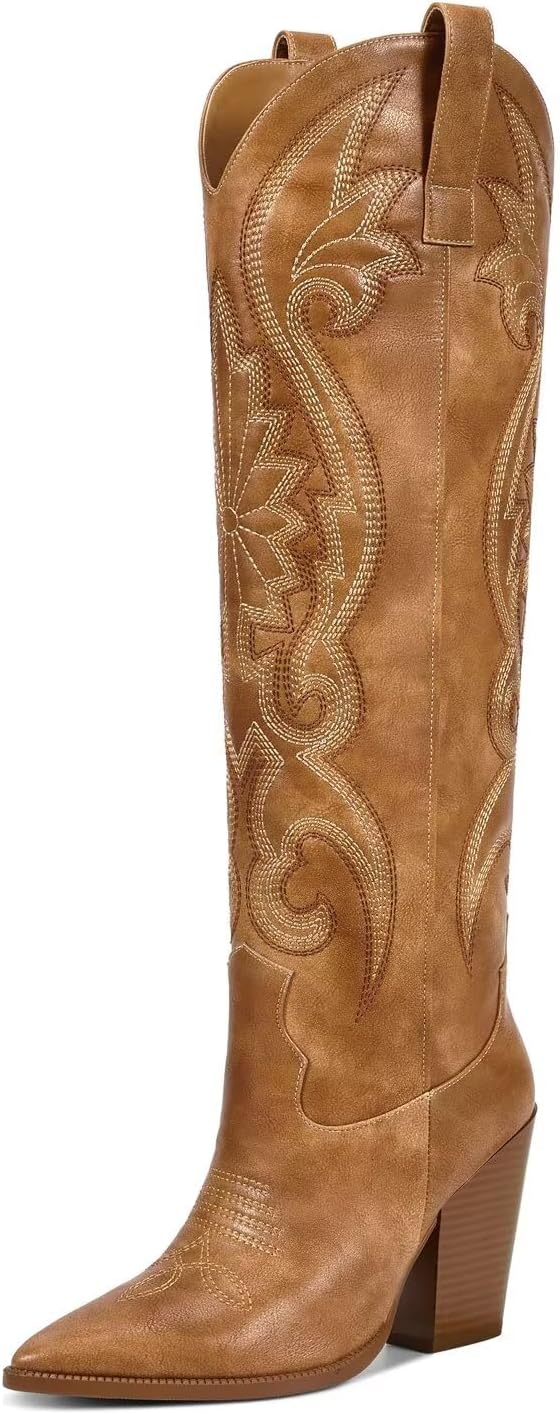 ISNOM Womens Cowboy Knee High Boots with Embroidery and Comfort