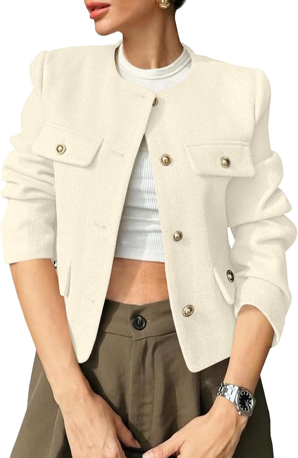 Cropped Tweed Blazer Jacket for Women - Stylish Business Casual