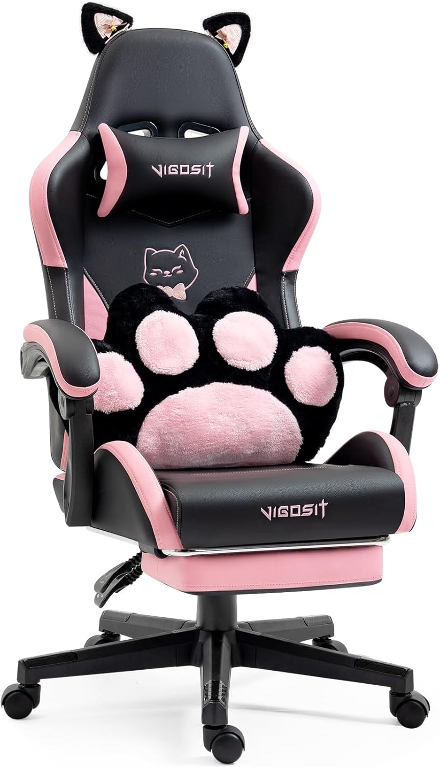 VlGOSlT Cat Ear Gaming Chair with Footrest for Comfort