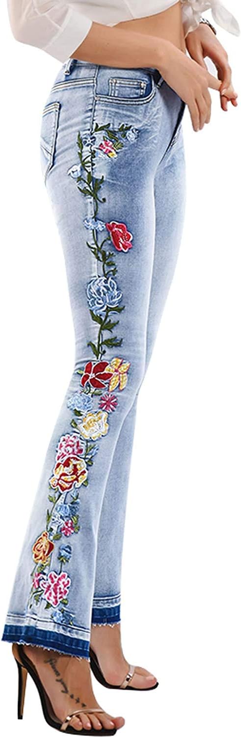 Chic Floral Embroidered High-Rise Bell Bottom Jeans for Women