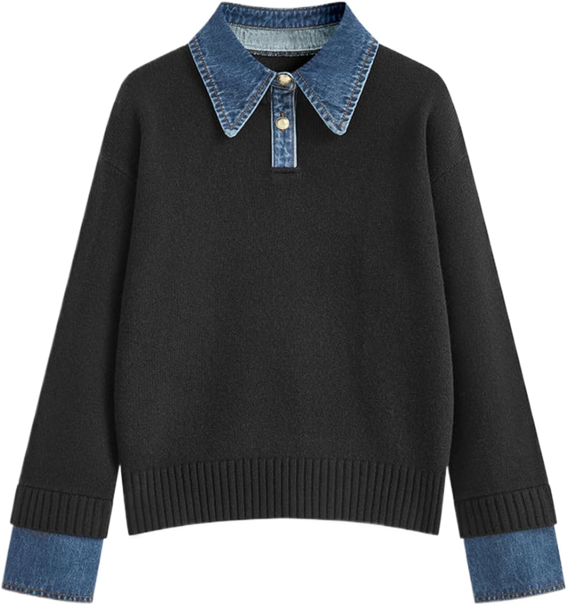 Womens Fall Oversized Long Sleeve Sweaters with Denim Collar
