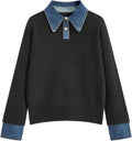 Womens Fall Oversized Long Sleeve Sweaters with Denim Collar - Cozy