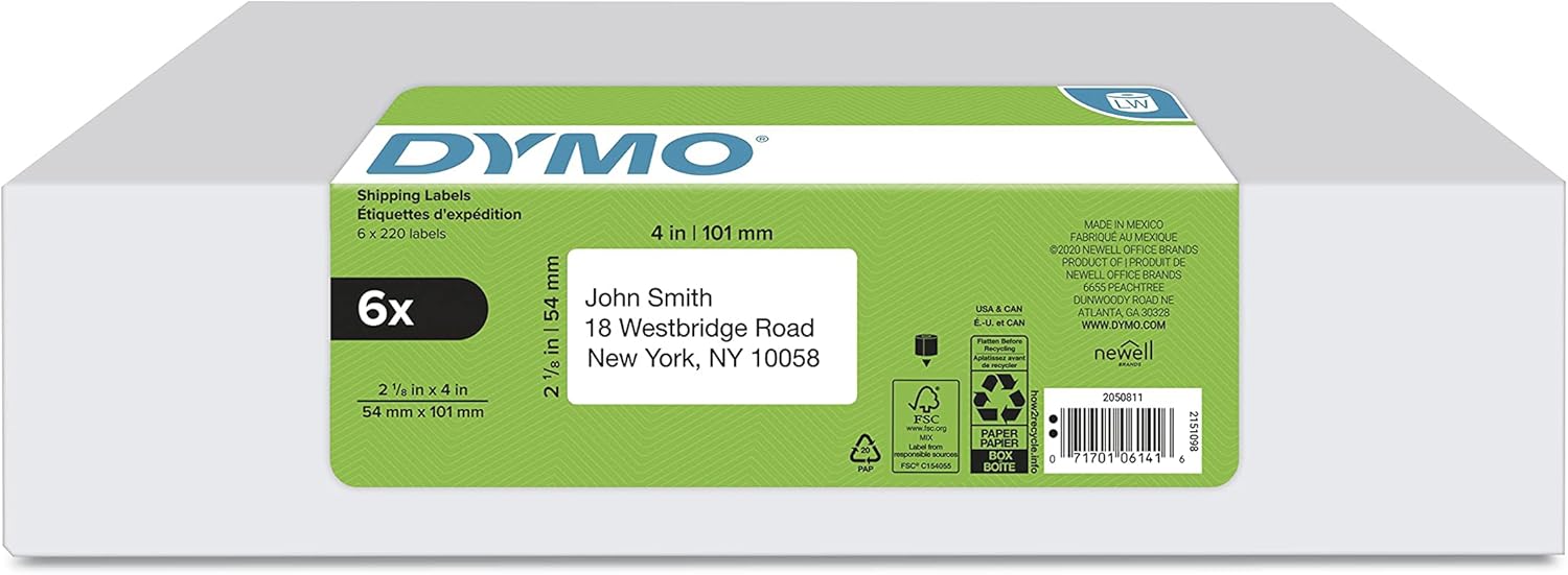 DYMO LW Shipping Labels 2-1/8 x 4, 6 Rolls, 1320 Labels - Easy Label Printing