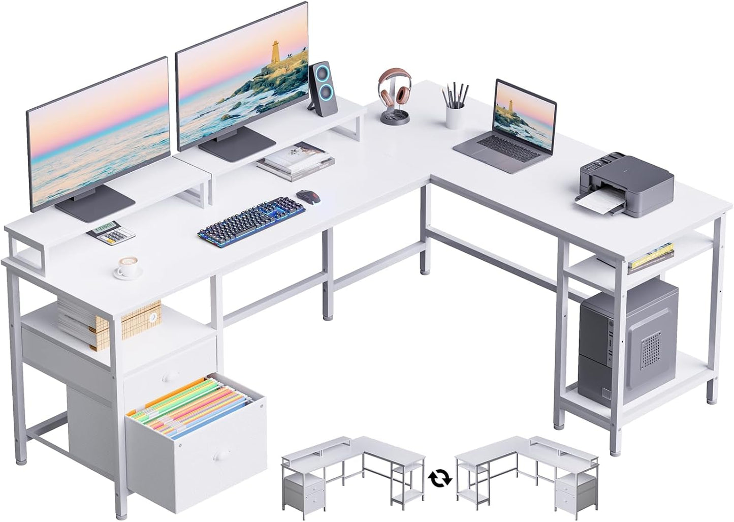 Furologee White L Desk with Shelves & File Drawer