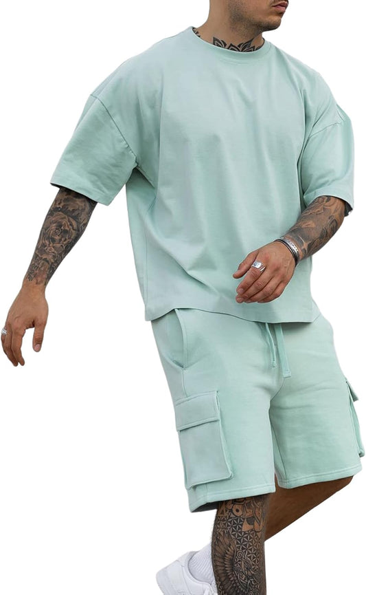 Men's Casual Tracksuit Cargo Shorts Athletic Sportwear Set