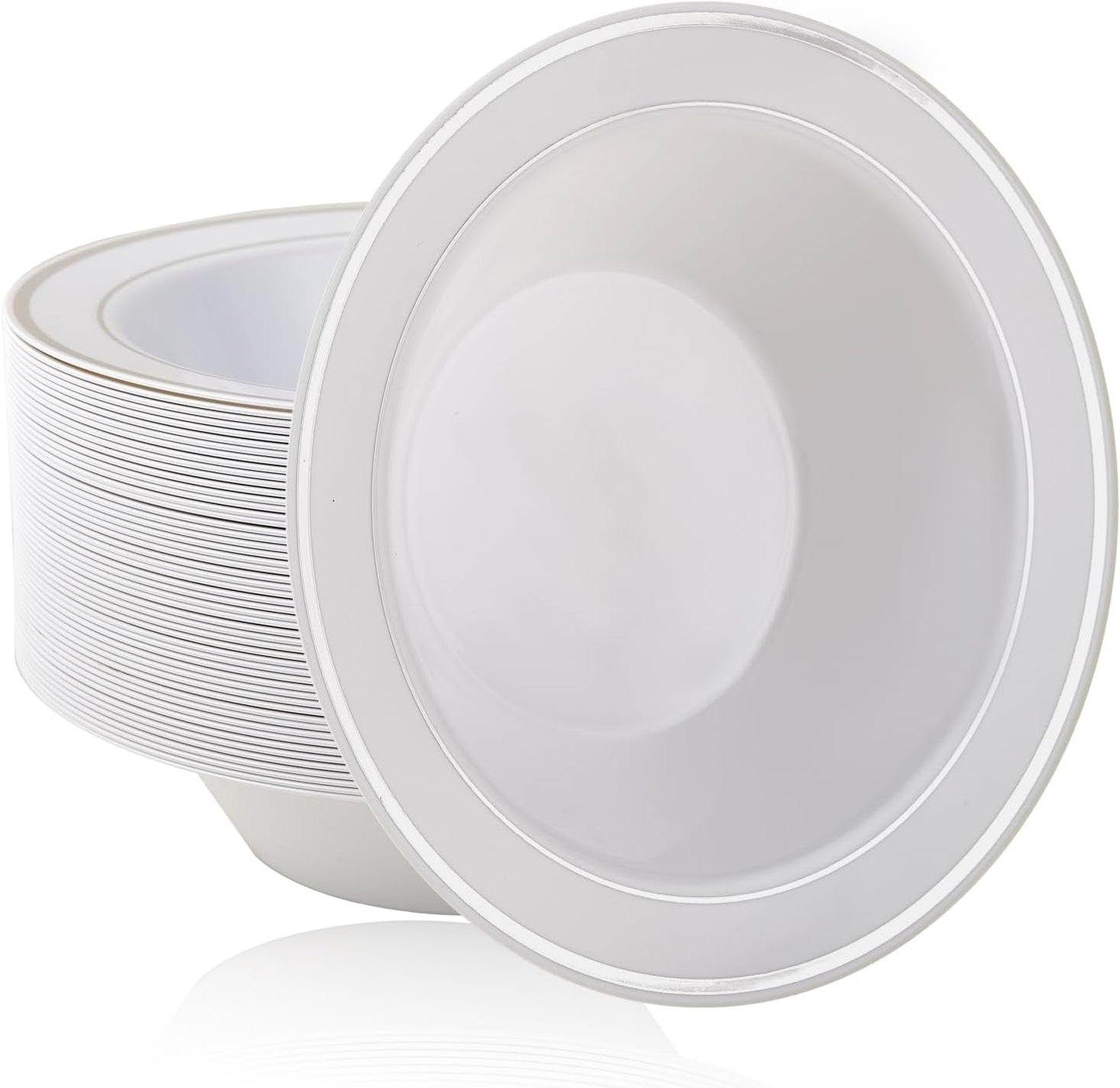 JOLLY PARTY 100PCS Plastic Bowls with Silver Rim for Events