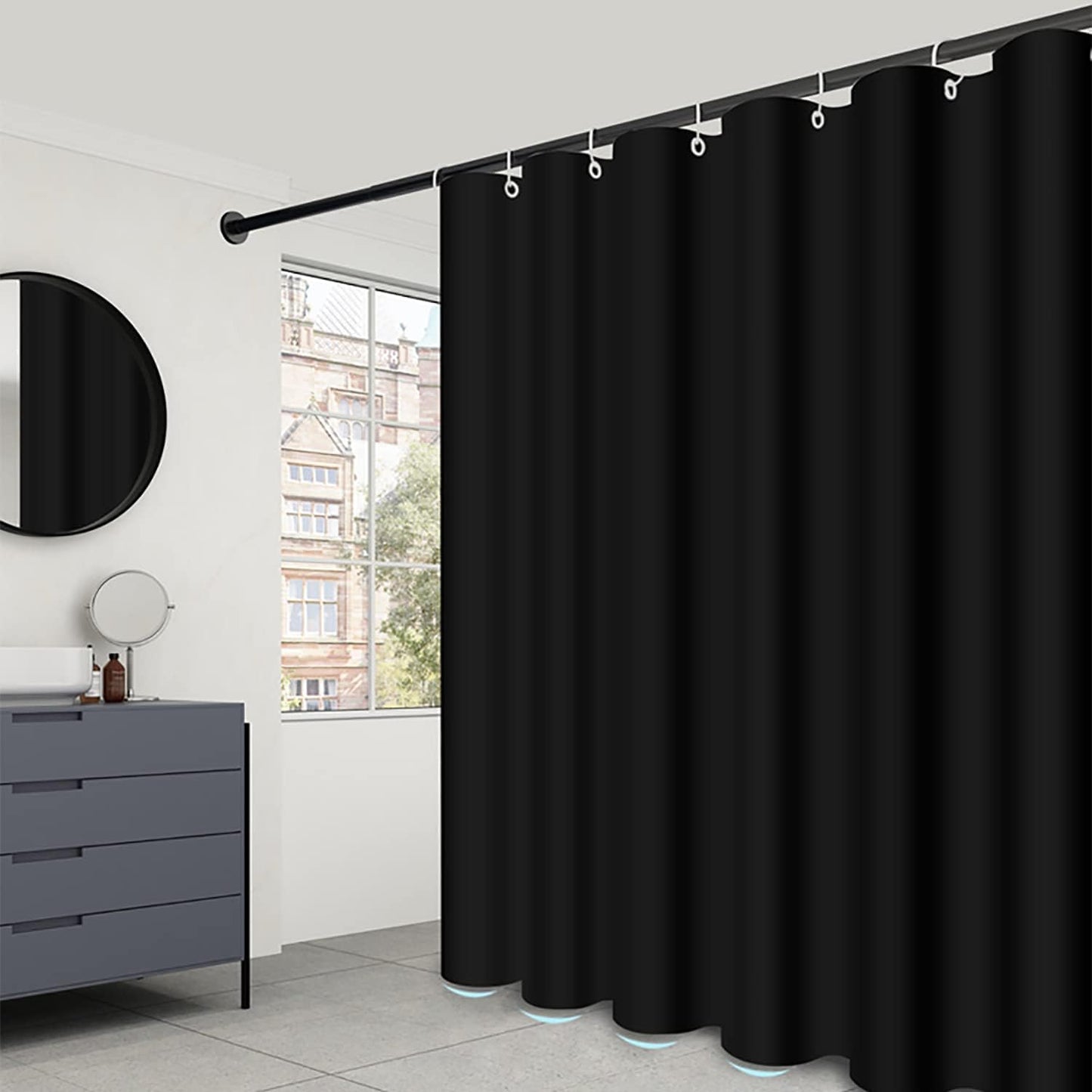 Waterproof Fabric Shower Liner, Rust Resistant, Machine Washable - Black