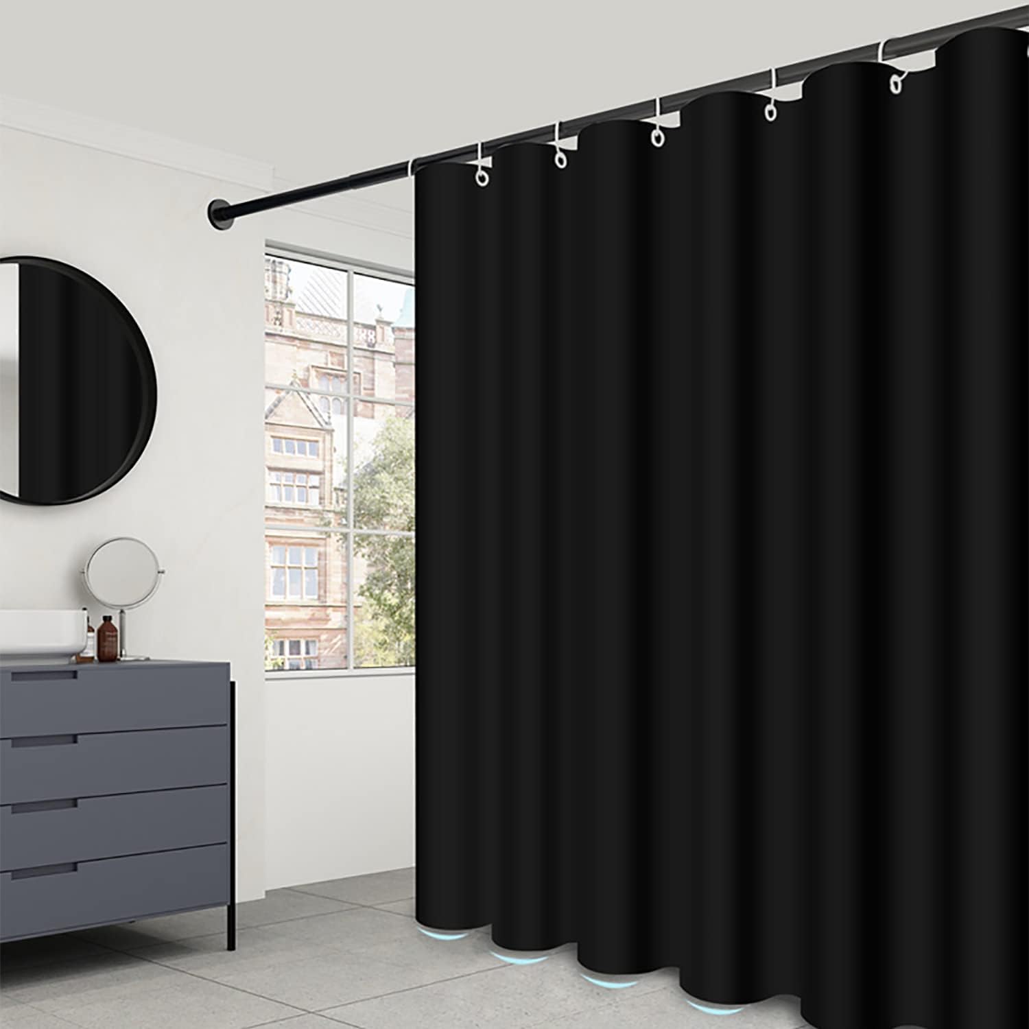 Waterproof Fabric Shower Liner, Rust Resistant, Machine Washable - Black