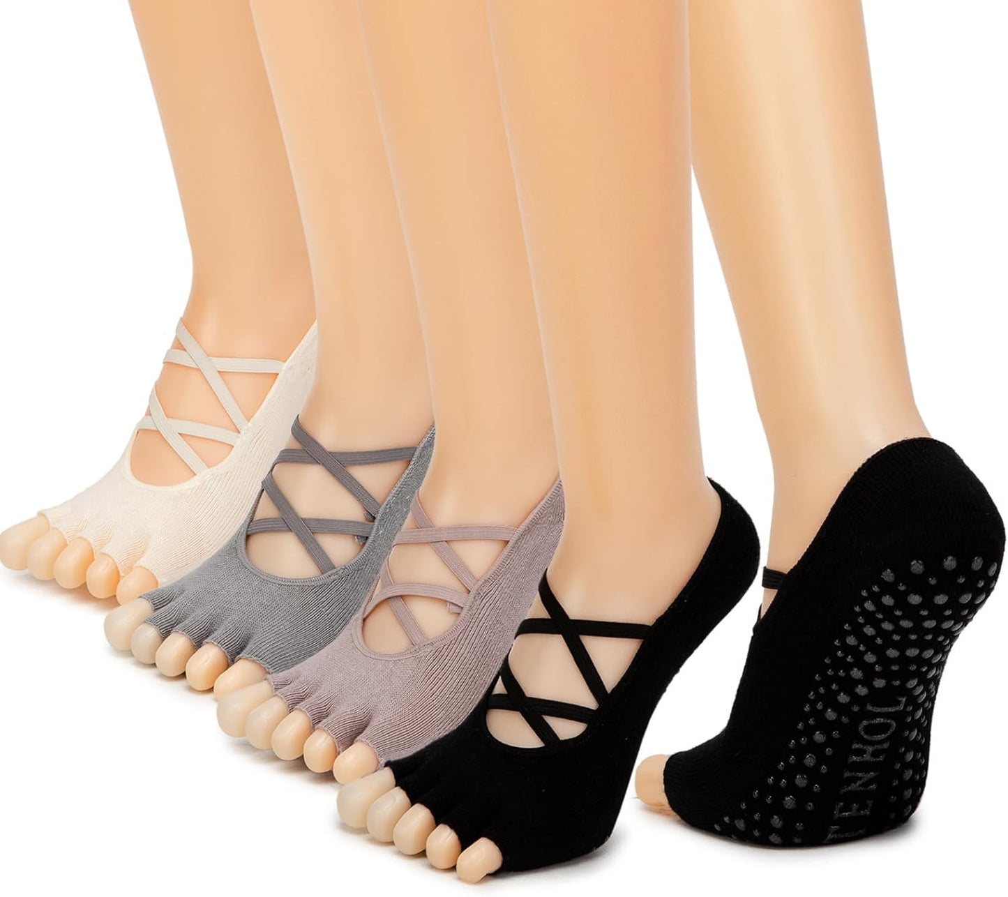 Non-Slip Toeless Pilates Socks 4 Pack - Grip for Yoga & Dance