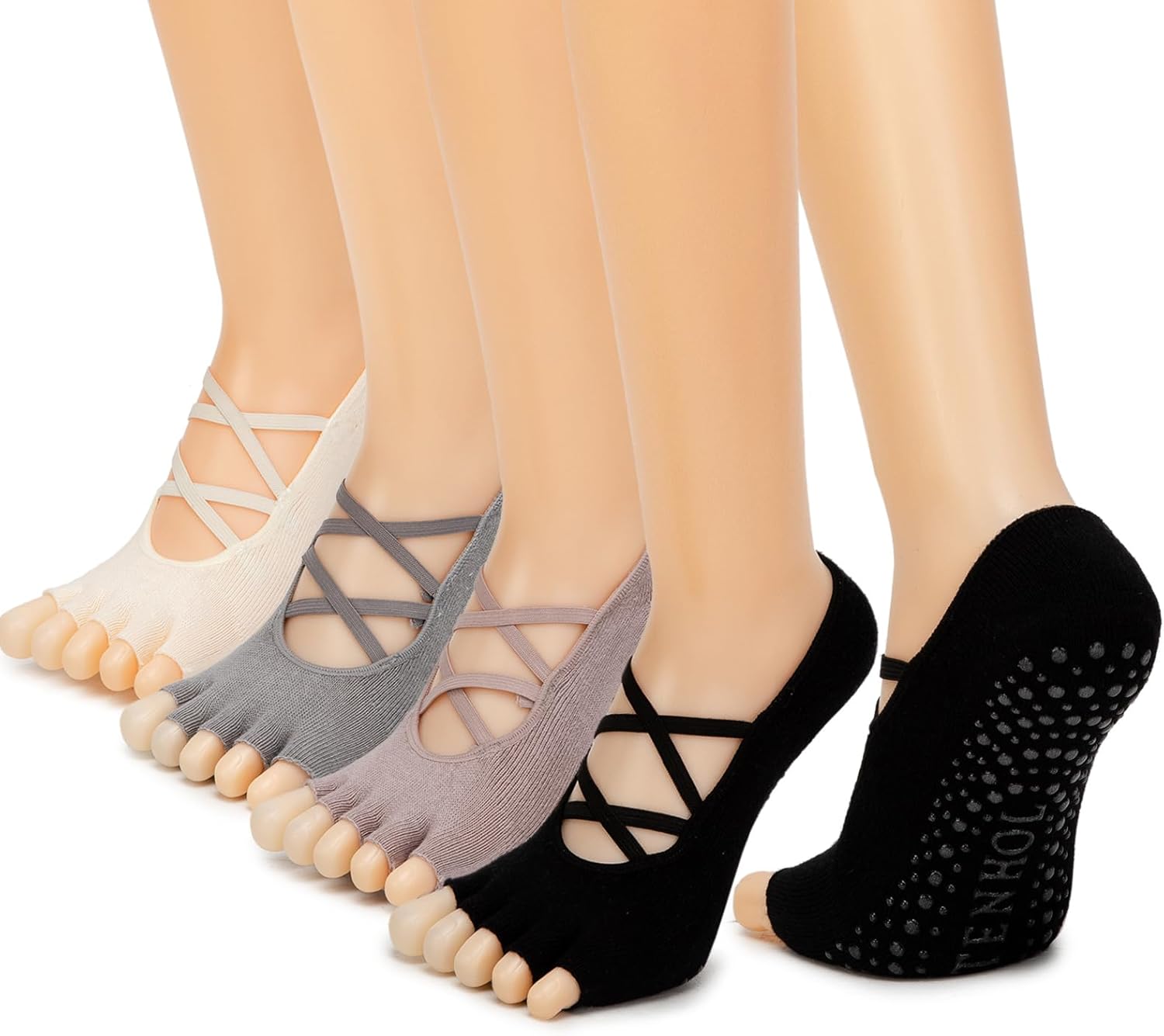 Non-Slip Toeless Pilates Socks 4 Pack - Grip for Yoga & Dance