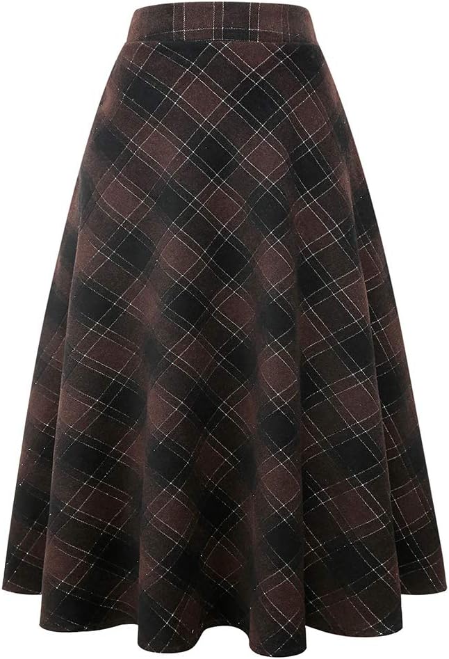 Womens Plaid Wool Skirts A-Line Pleated Tartan Long Skirts