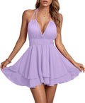 LYANER Halter Deep V Backless Ruffle Skater Mini Dress - Flowy Summer