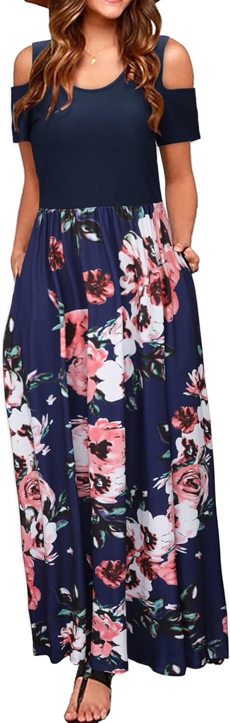STYLEWORD Women's 2023 Summer Maxi Cold Shoulder Floral Dress