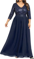 Womens Plus Size V Neck Sequin Maxi Dress - Floor-Length Evening Gown