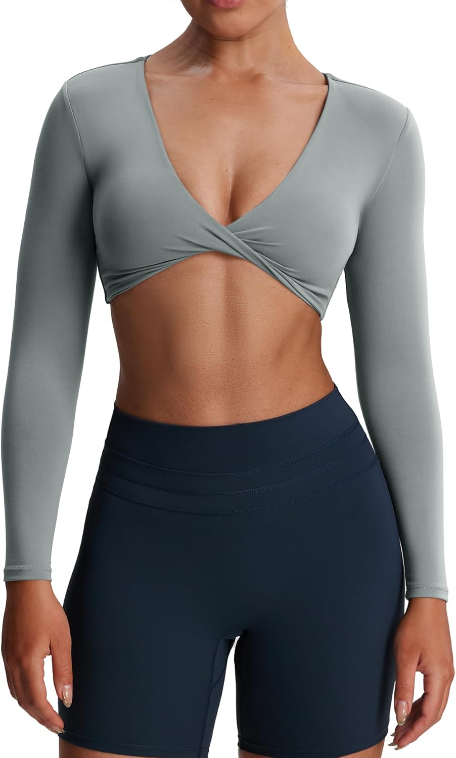 Aoxjox Long Sleeve Crop Tops for Women with Deep V Twist Design