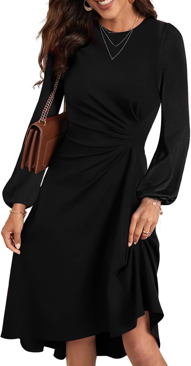 Happy Sailed Women's Long Sleeve Ruched Waist Midi Dress