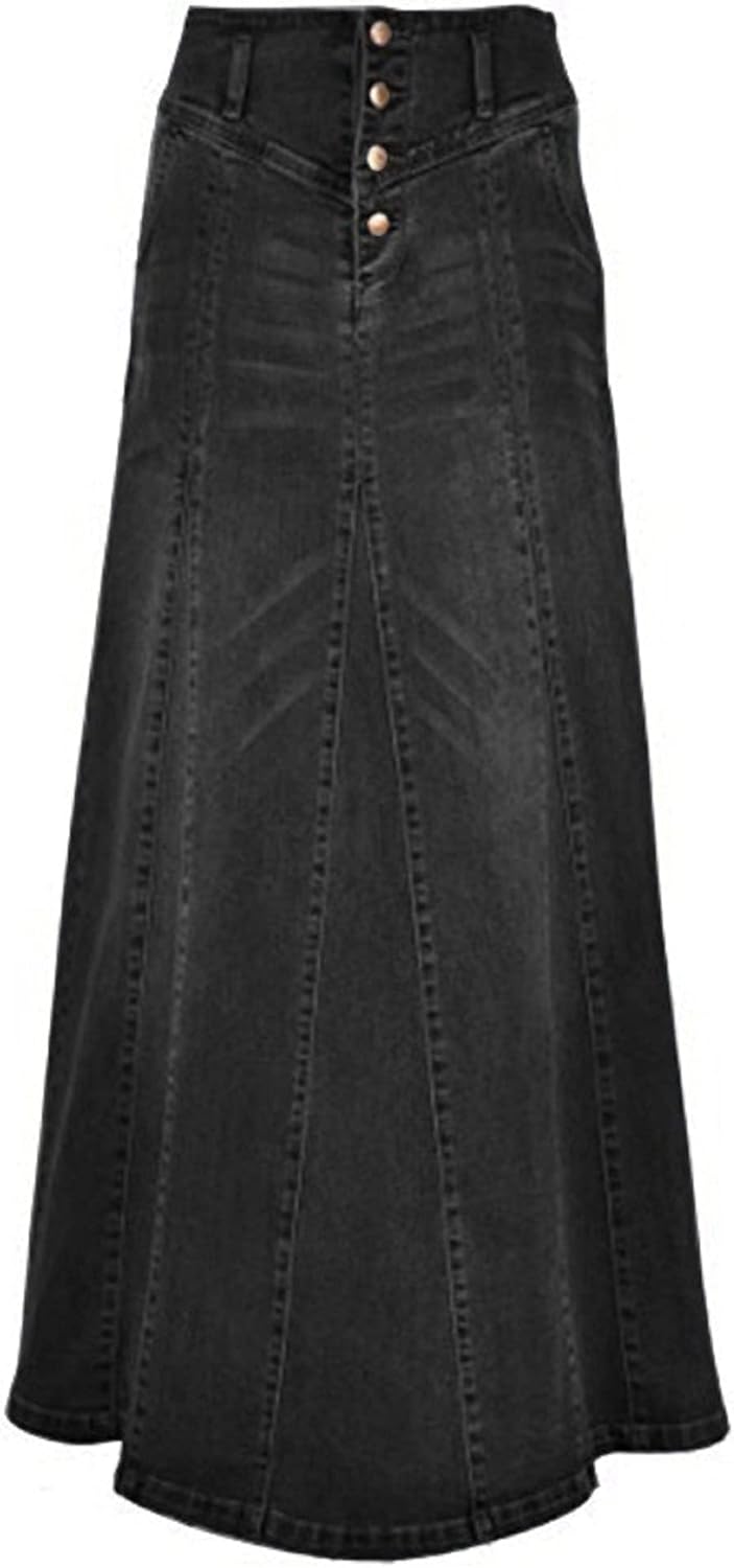 Retro Button-Fly A-Line Maxi Long Denim Skirt for Women