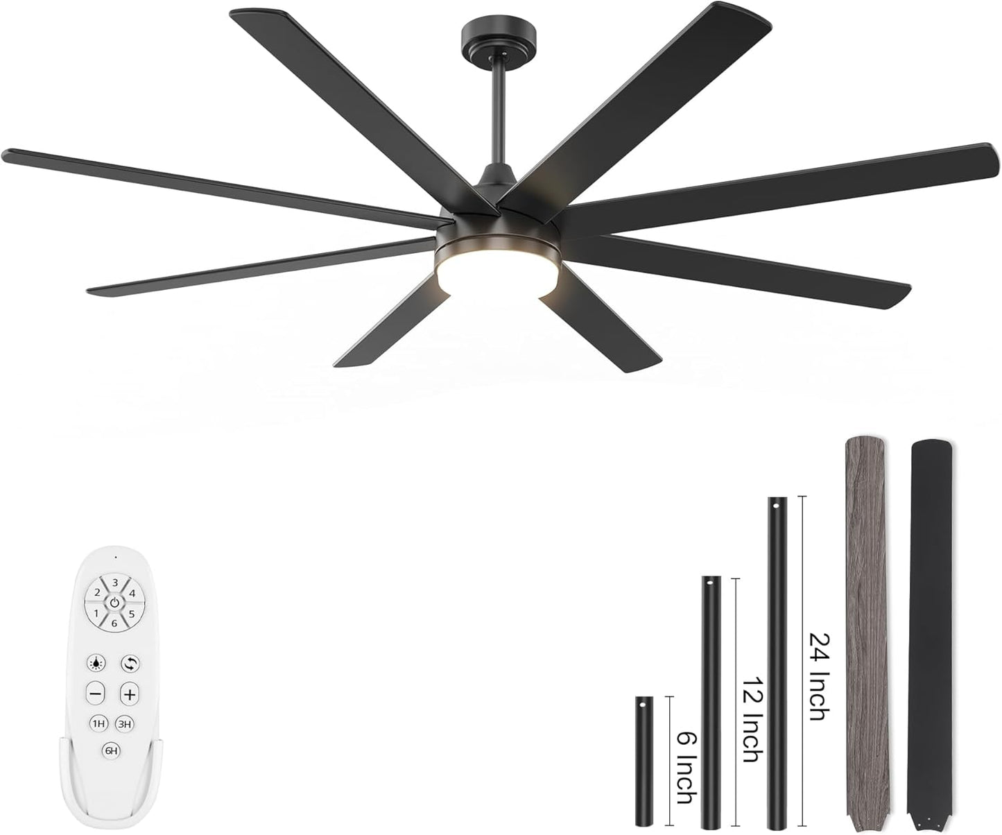 YUHAO 72 Inch Black Ceiling Fan with Light and Remote Control