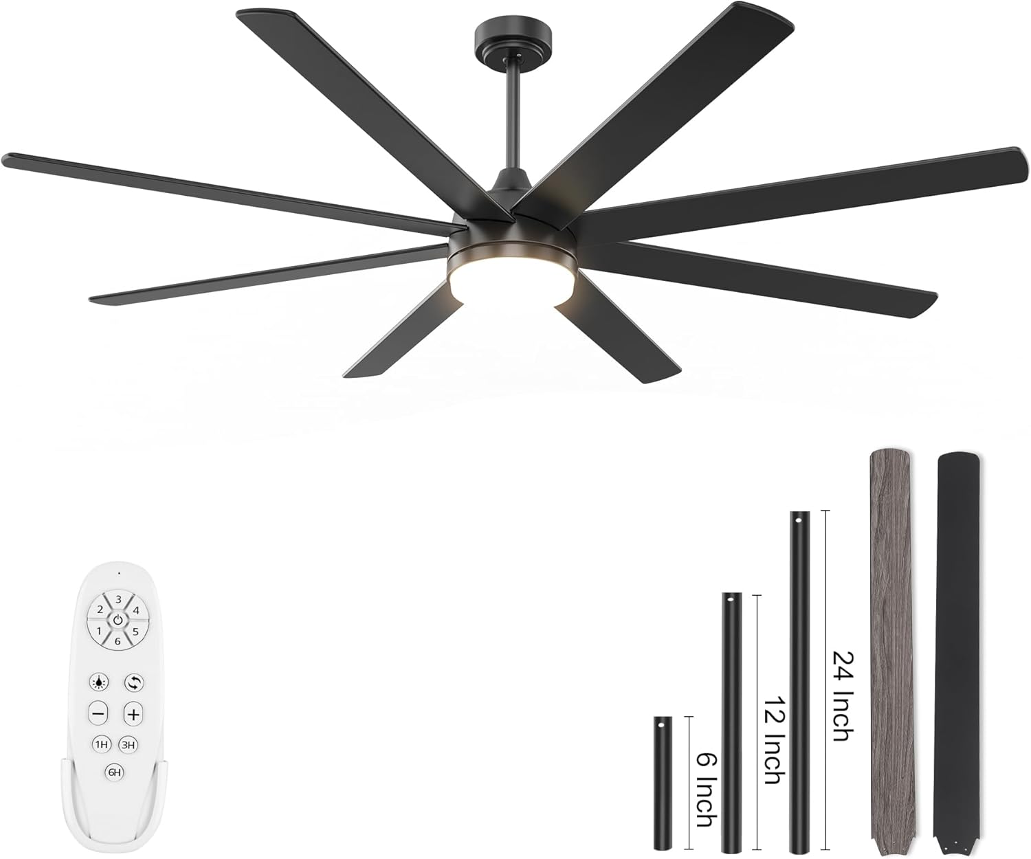 YUHAO 72 Inch Black Ceiling Fan with Light and Remote Control
