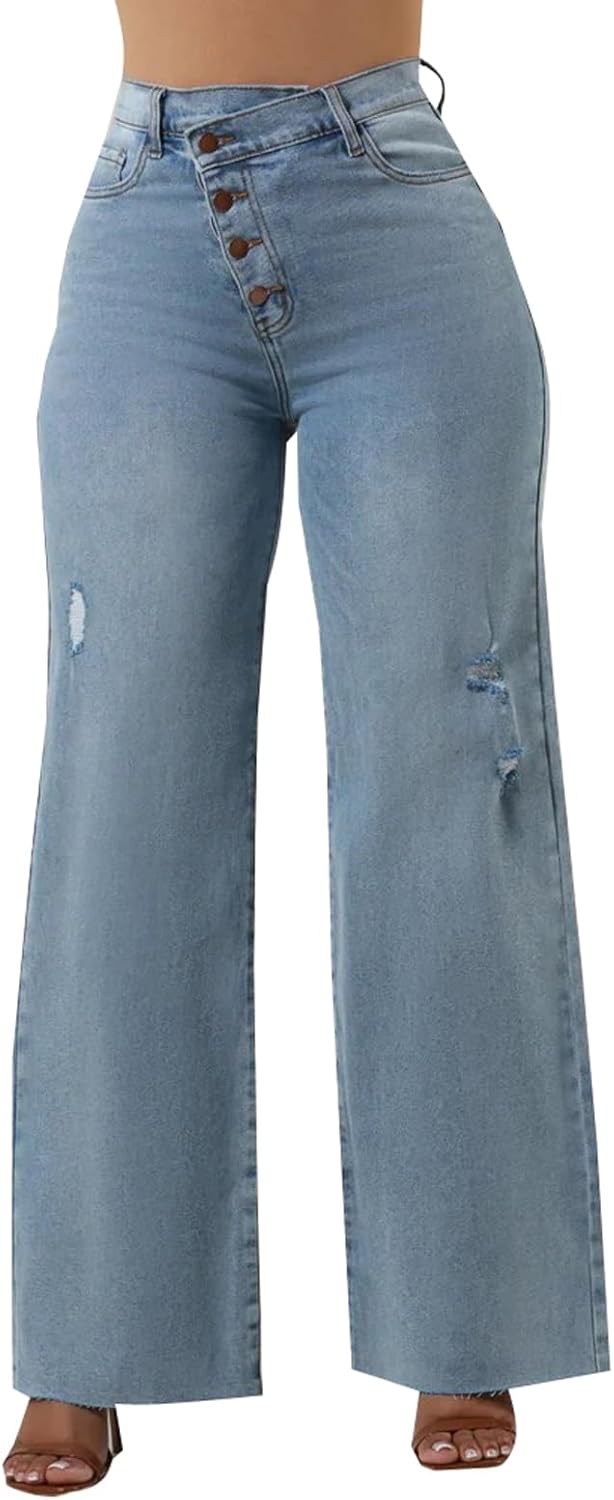 Women's Wide Leg Straight Jeans High Waisted Baggy Stretch Denim