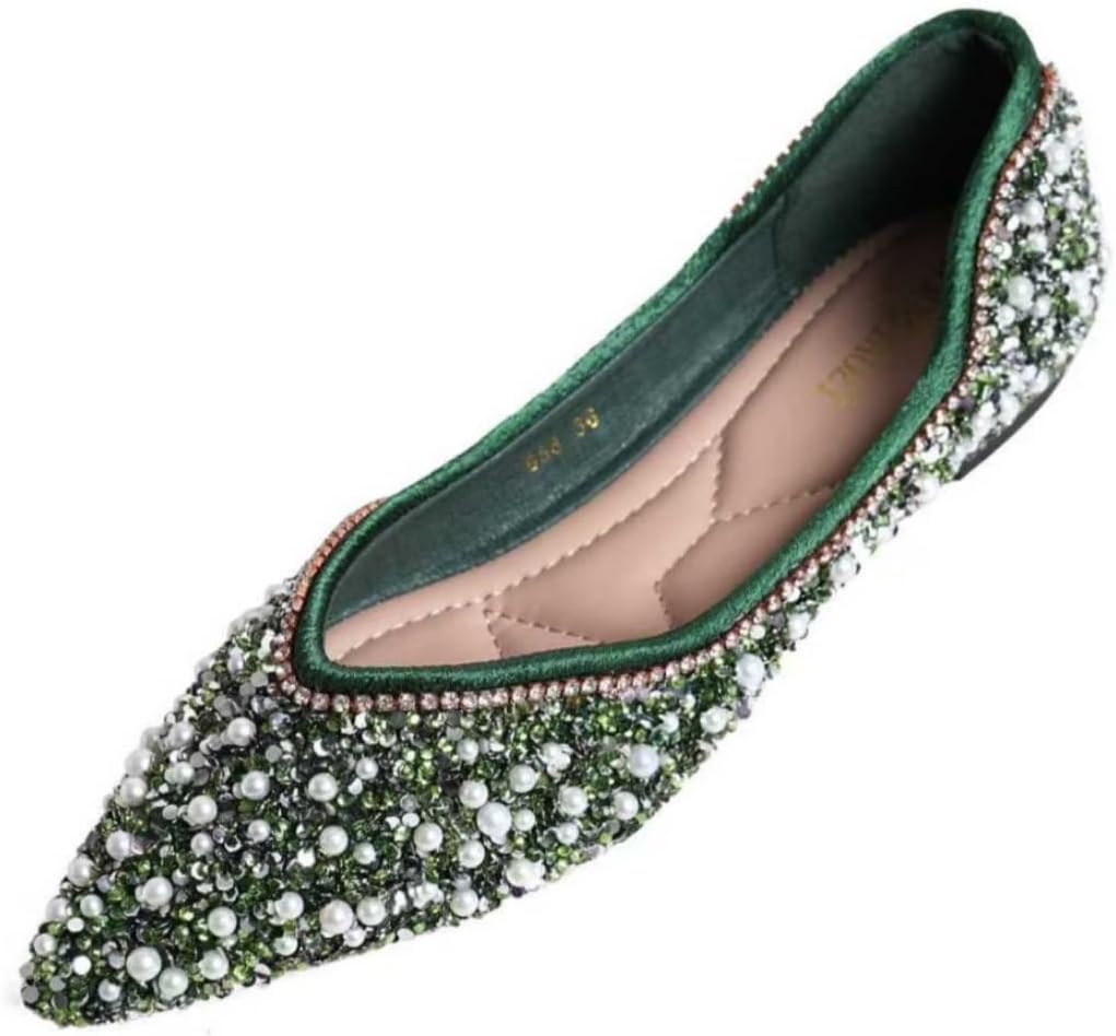 Women's Rhinestone Flats with Pointed Toe and Pearl Design