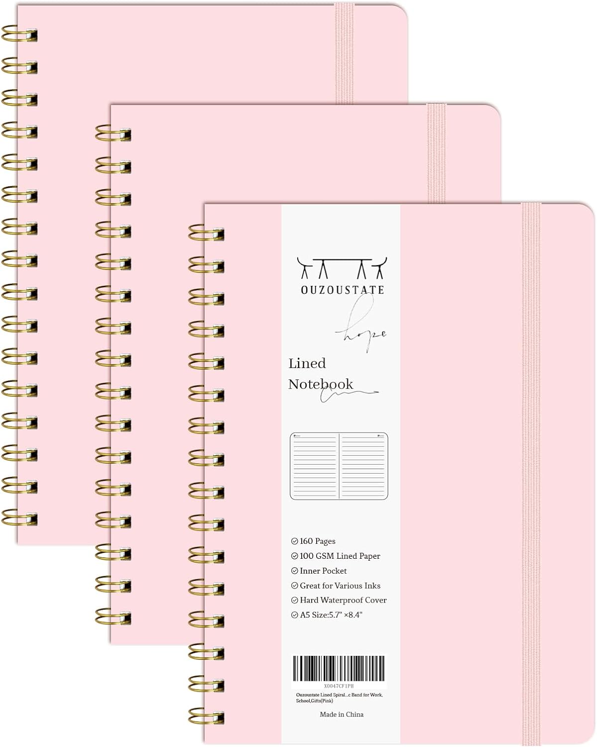Pack of 3 Pink Hardcover Notebooks - 160 Pages, 100 GSM Paper