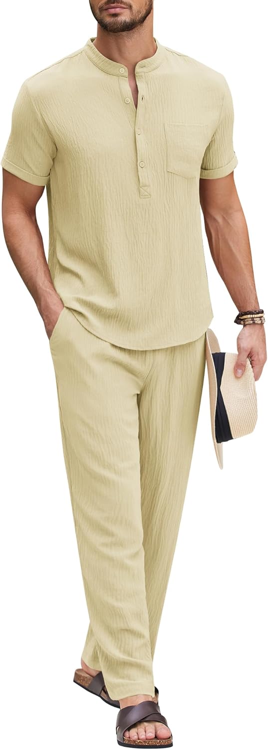 COOFANDY Men's Cotton Linen Set for Summer Beach Outfits