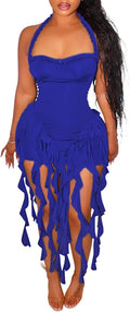 Womens Halter Neck Tassel Ruffle Bodycon Mini Dress - Sleek Fit