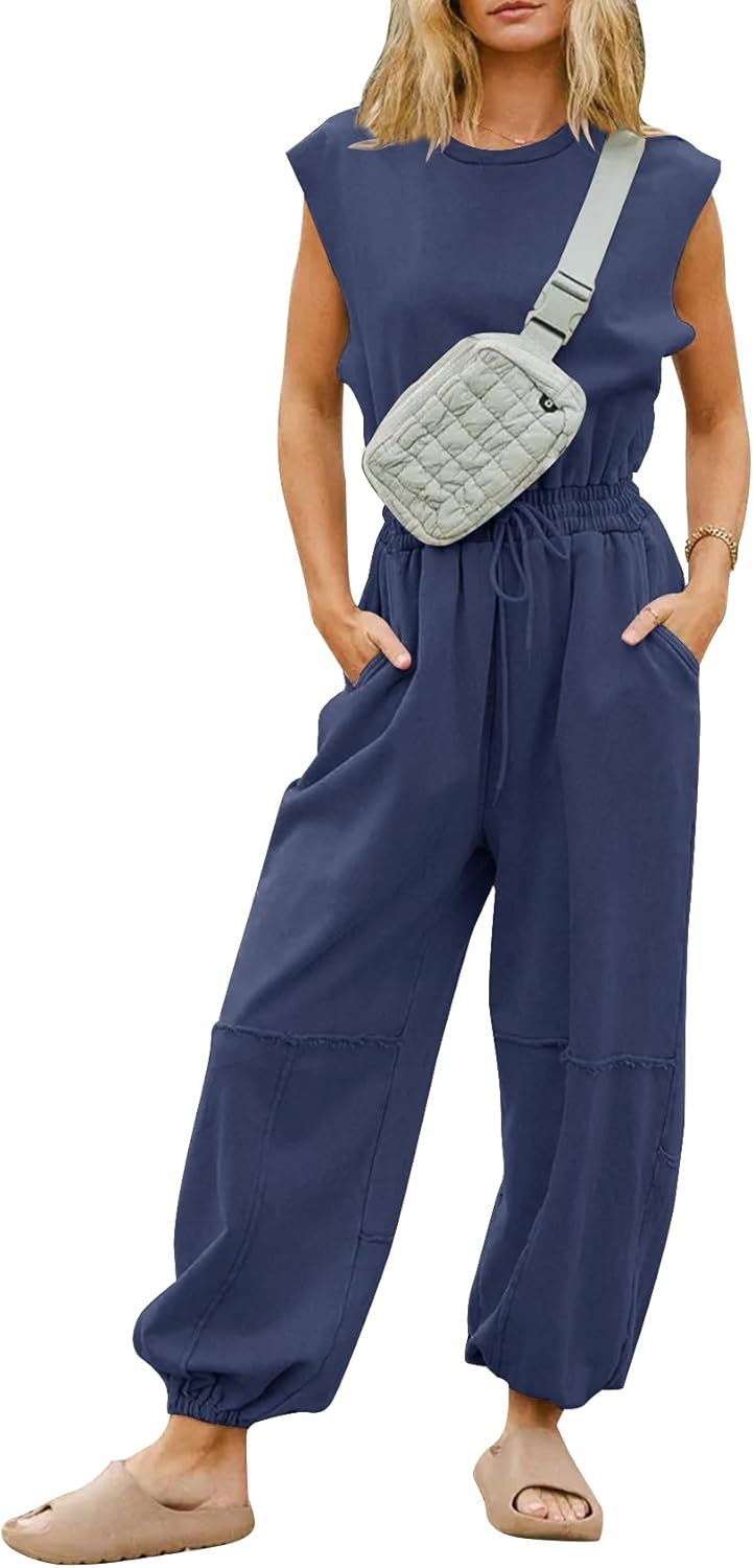 Kissonic Jumpsuits for Women Casual Crewneck Cap Sleeve Romper