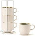 Large Ceramic Coffee Mug Set of 4 with Stand - Stackable 15 Oz Mugs