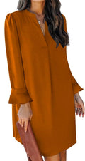 QACOHU Women's Polyester V Neck Long Sleeve Flowy Mini Tunic Dress