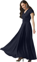 Dark Navy Blue Womens Cap Sleeve V-Neck Flowy Maxi Dress - Elegant Fit