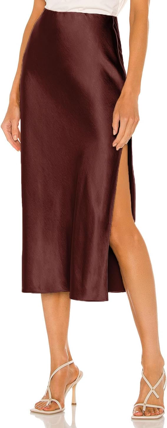 Womens Satin Silk High Waist Slit Midi Skirt for Every Occasion