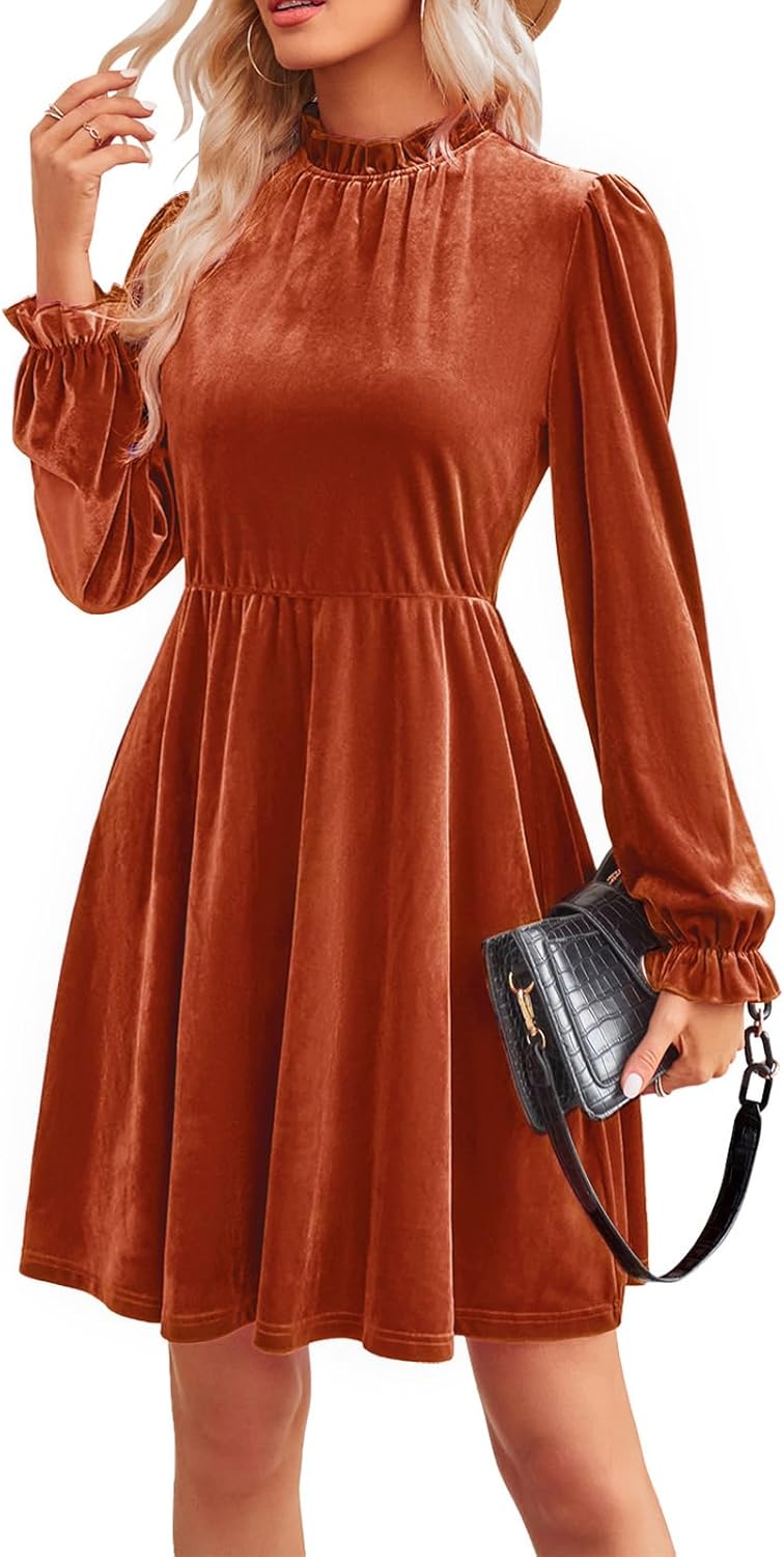 Elegant Velvet Dress for Women with Puff Sleeves and Waistline