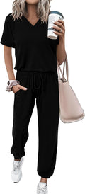 Womens 2 Piece Summer Jogger Set V Neck Top and Long Pants