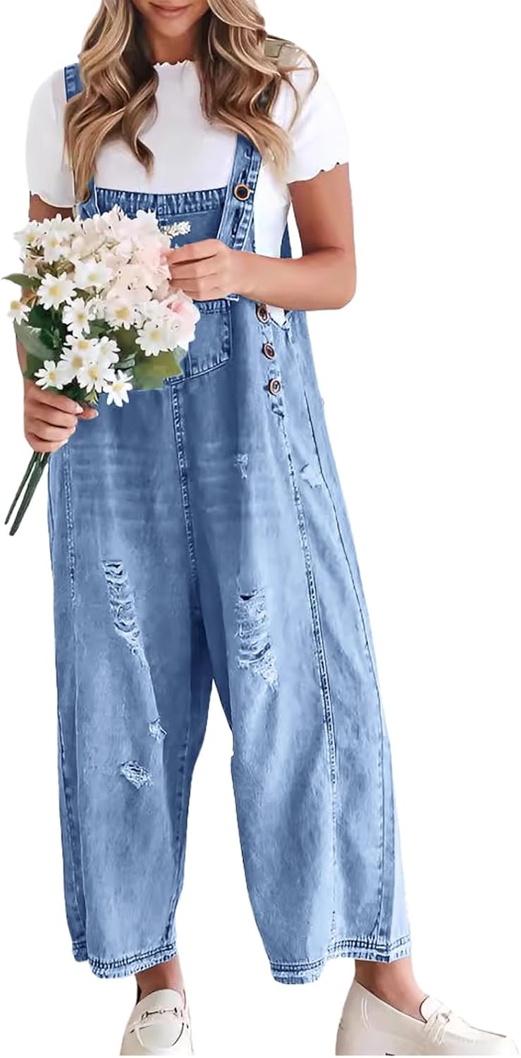 Chouyatou Women Loose Adjustable Strap Denim Bib Overalls