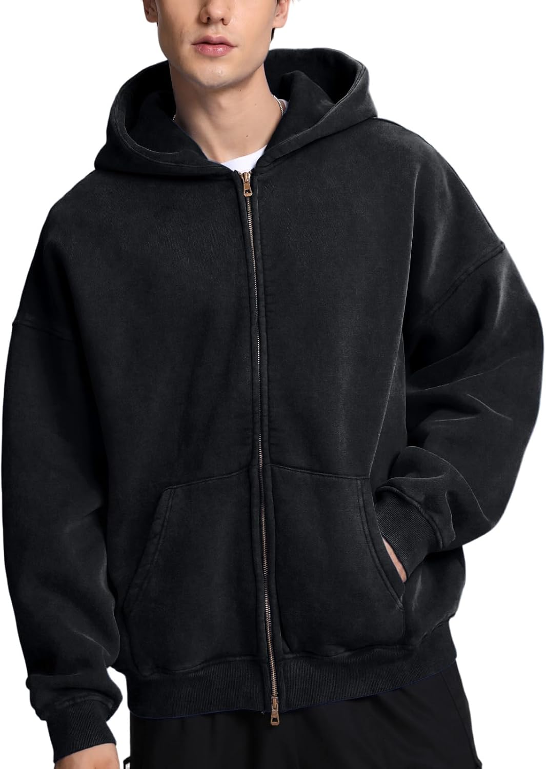 FAIABLE Mens Womens Double Zip Up Hoodie Vintage Acid Wash Style