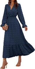 BTFBM Women Fall Maxi Dress V Neck Swiss Dots - Versatile Fall Pick